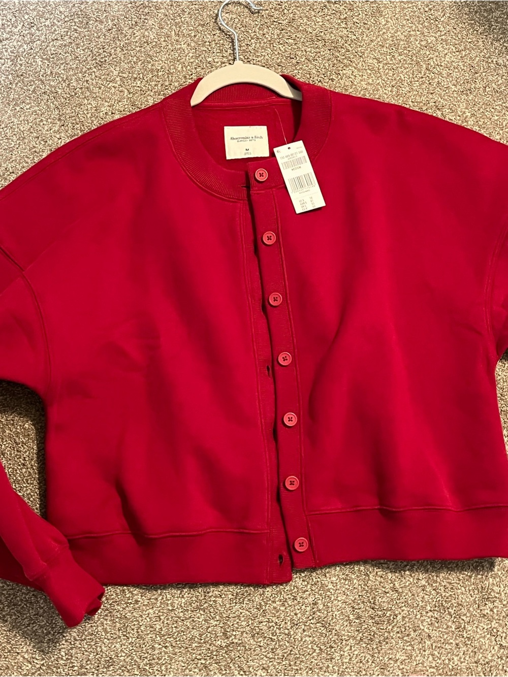 Abercrombie & Fitch Sunday Shrunken Crew Cardigan Sweater Red Sweatshirt - Picture 4 of 9